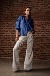 Shoulder Gathered Top-Blue
